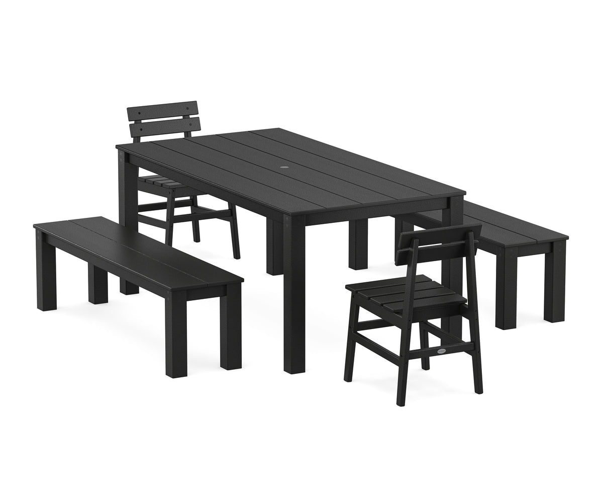 POLYWOOD Modern Studio Plaza Chair 5-Piece Parsons Dining Set with Benches - 38" x 72" Table in Black