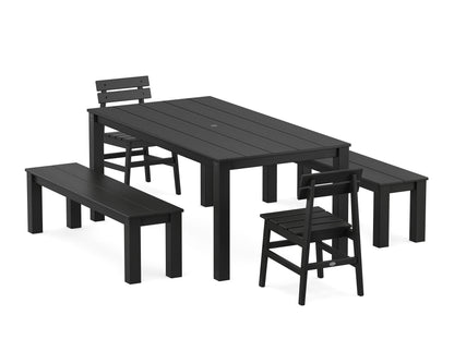 POLYWOOD Modern Studio Plaza Chair 5-Piece Parsons Dining Set with Benches - 38" x 72" Table in Black