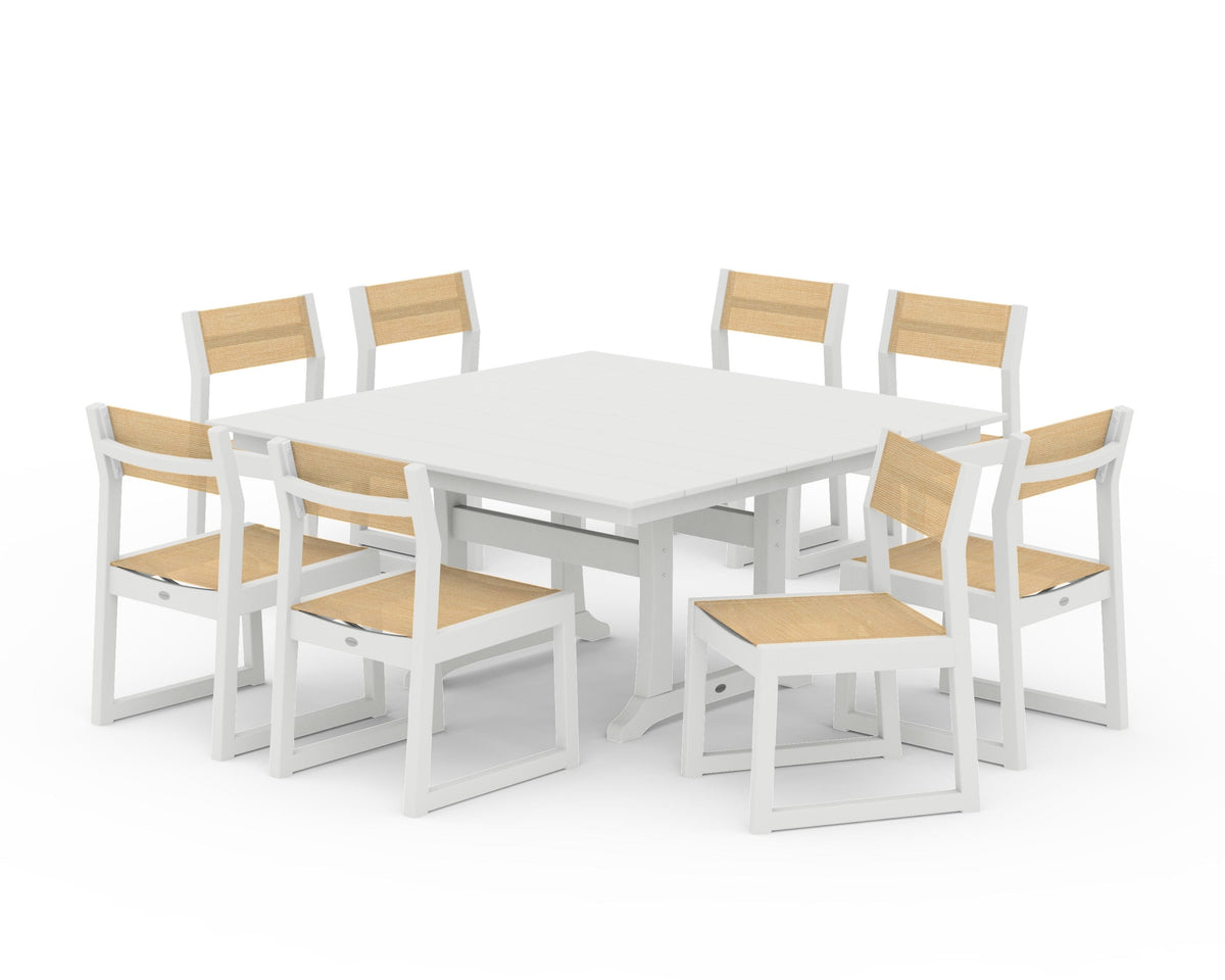 POLYWOOD EDGE Sling Side Chair 9-Piece Farmhouse Trestle Dining Set in Vintage White / Dupioni Apricot