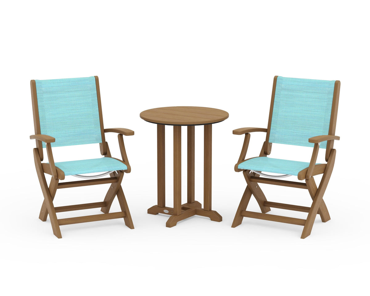 POLYWOOD Coastal Folding 3-Piece Round Bistro Dining Set in Natural / Dupioni Aquamarine