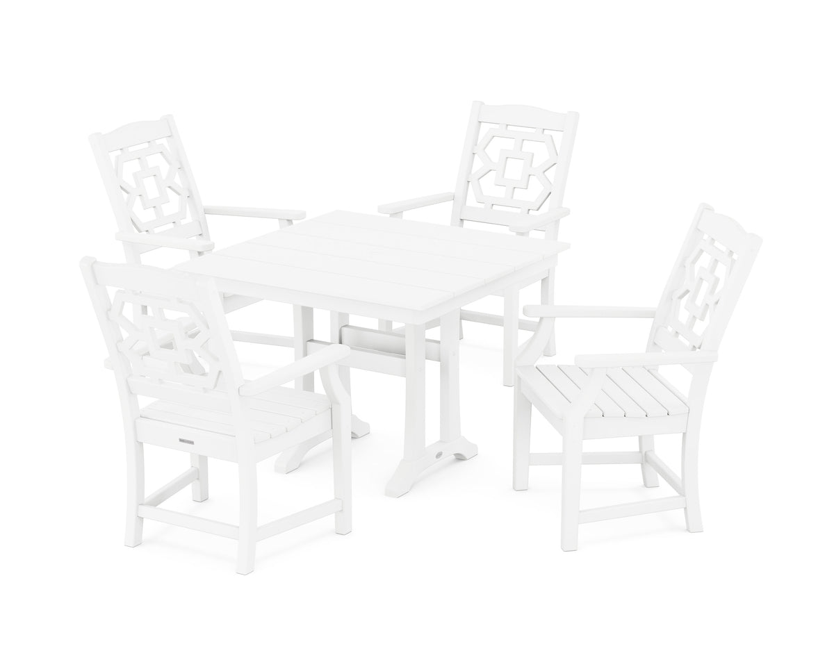 POLYWOOD Chinoiserie 5-Piece Farmhouse Dining Set with Trestle Legs in White