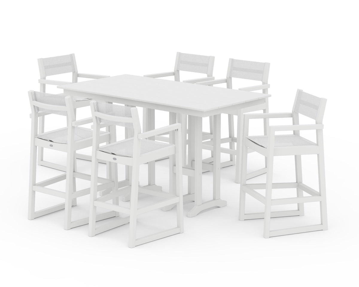 POLYWOOD EDGE Sling Arm Chair 7-Piece Farmhouse Bar Set in White / White