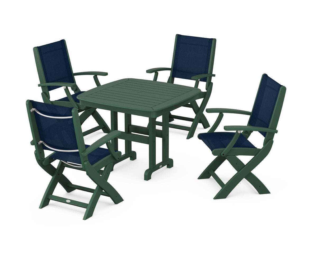 POLYWOOD Coastal Folding Chair 5-Piece Dining Set with Nautical 37" Dining Table in Green / Navy Blue