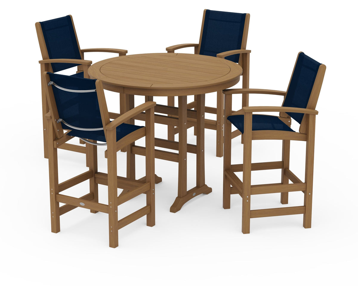 POLYWOOD Coastal 5-Piece Nautical Trestle Bar Set in Natural / Navy Blue