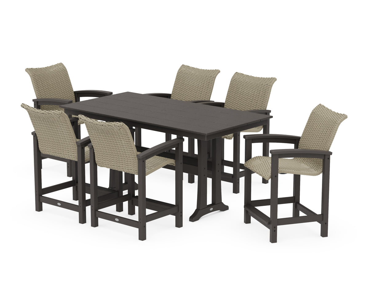 POLYWOOD Coastal Woven Arm Chair 7-Piece Farmhouse Counter Set with Trestle Legs in Vintage Coffee / Dune Grass