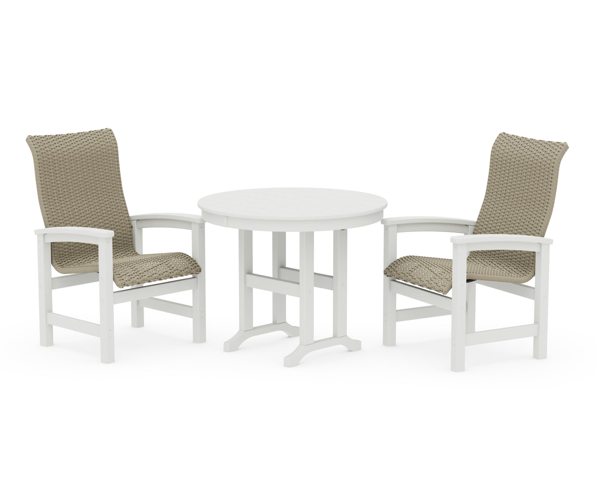 POLYWOOD Coastal Woven High-Back 3-Piece Farmhouse Dining Set in White / Dune Grass