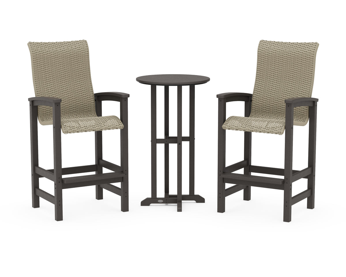 POLYWOOD Coastal Woven High-Back 3-Piece Farmhouse Bar Set in Vintage Coffee / Dune Grass