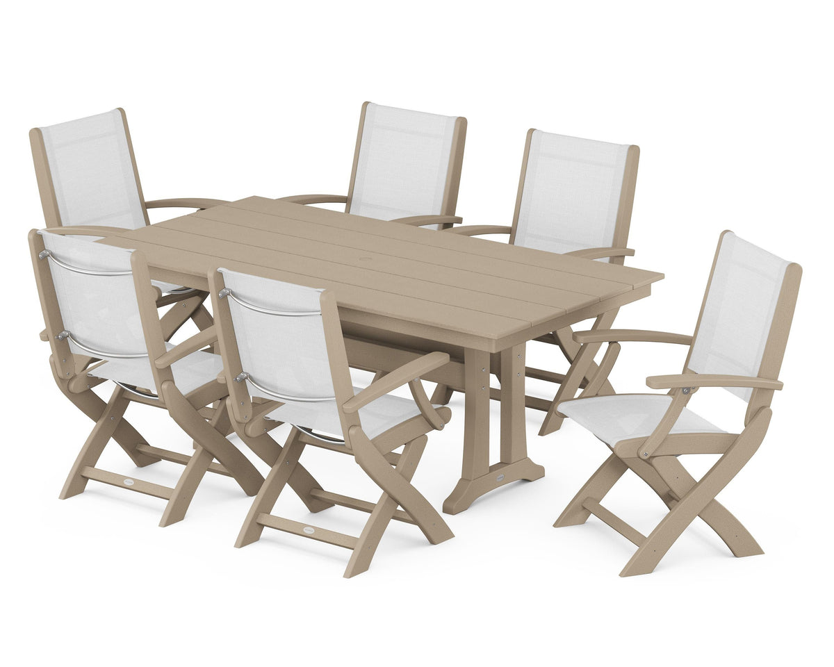 POLYWOOD Coastal Folding Arm Chair 7-Piece Farmhouse Dining Set with Trestle Legs in Vintage Sahara / White