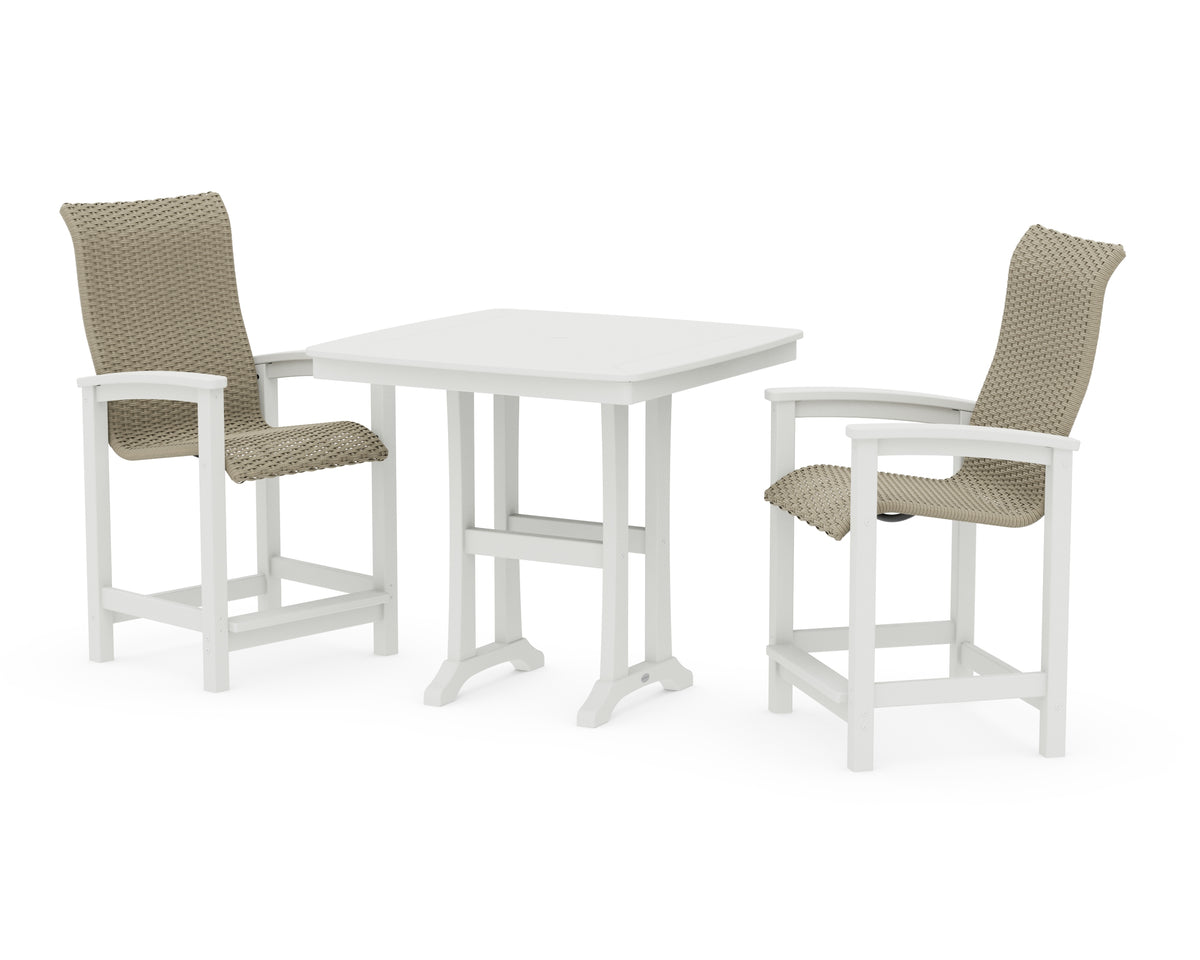 POLYWOOD Coastal Woven High-Back 3-Piece Counter Set with Trestle Legs in Vintage White / Dune Grass