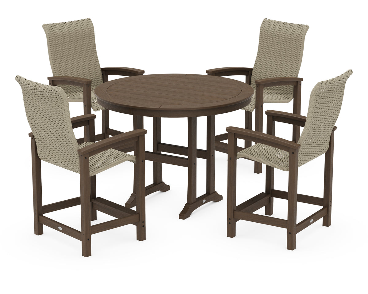 POLYWOOD Coastal Woven High-Back 5-Piece Round Counter Set in Kona / Dune Grass