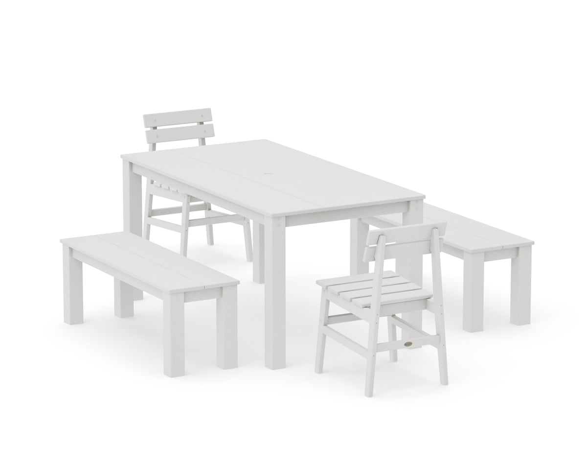POLYWOOD Modern Studio Plaza Chair 5-Piece Parsons Dining Set with Benches - 34" x 64" Table in Vintage White