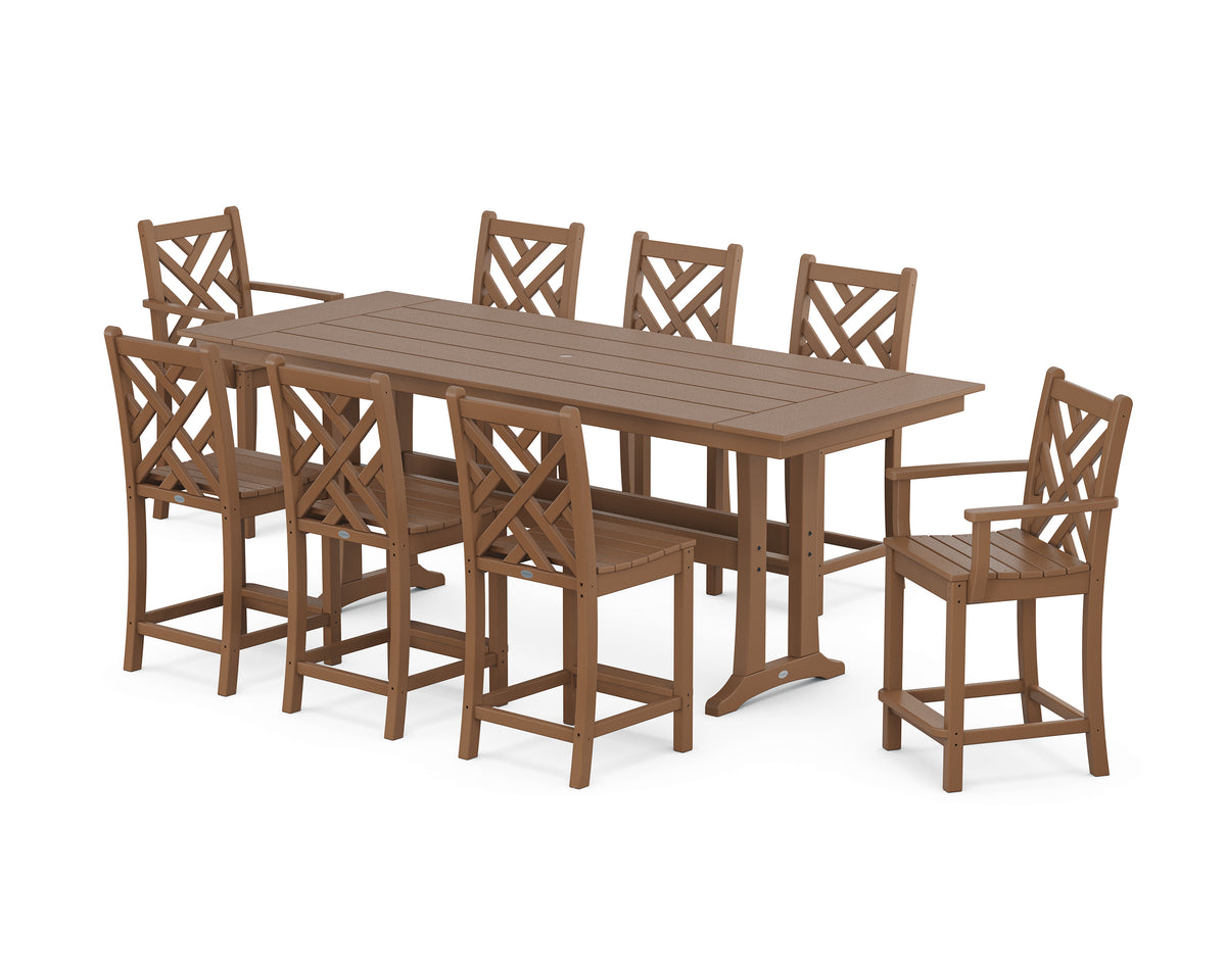 POLYWOOD Chippendale 9-Piece Farmhouse Counter Set with Trestle Legs in Teak