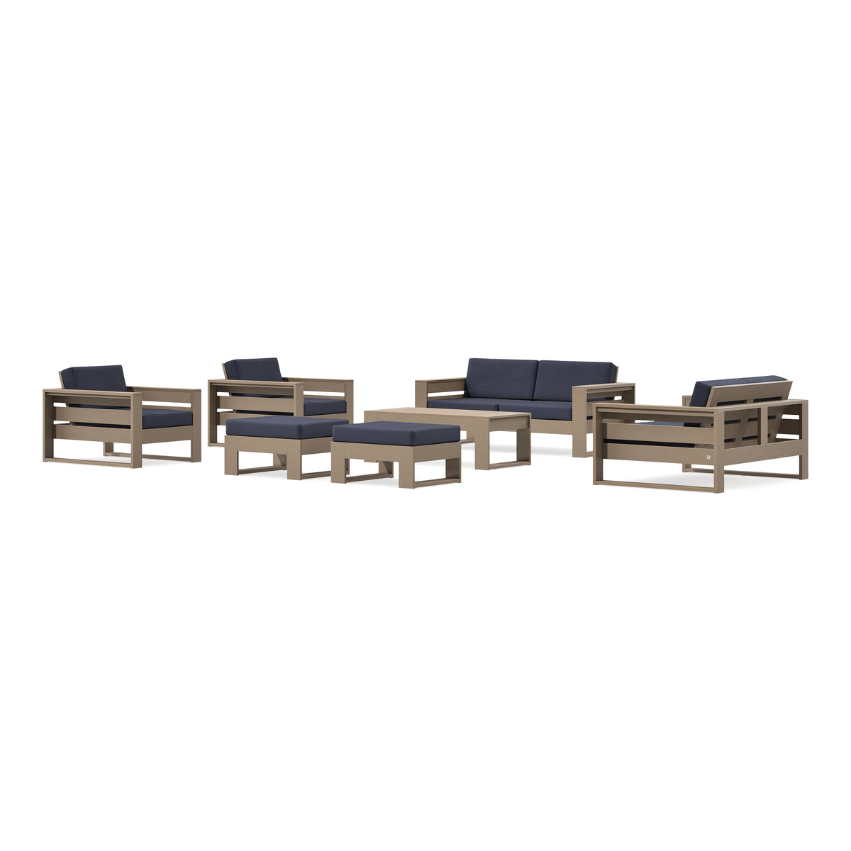 POLYWOOD PW Designer Series Latitude 7-Piece Lounge Loveseat Set in Vintage Sahara / Navy Linen