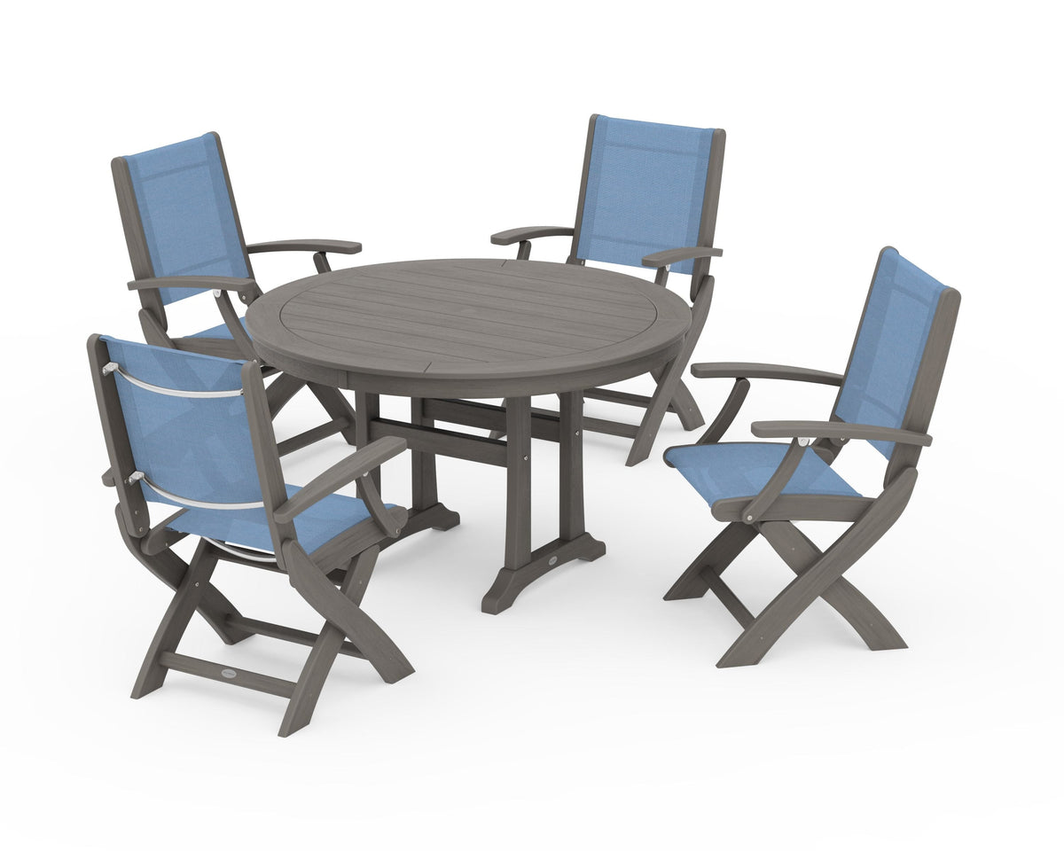 POLYWOOD Coastal Folding Chair 5-Piece Round Dining Set with Trestle Legs in Driftwood / Poolside