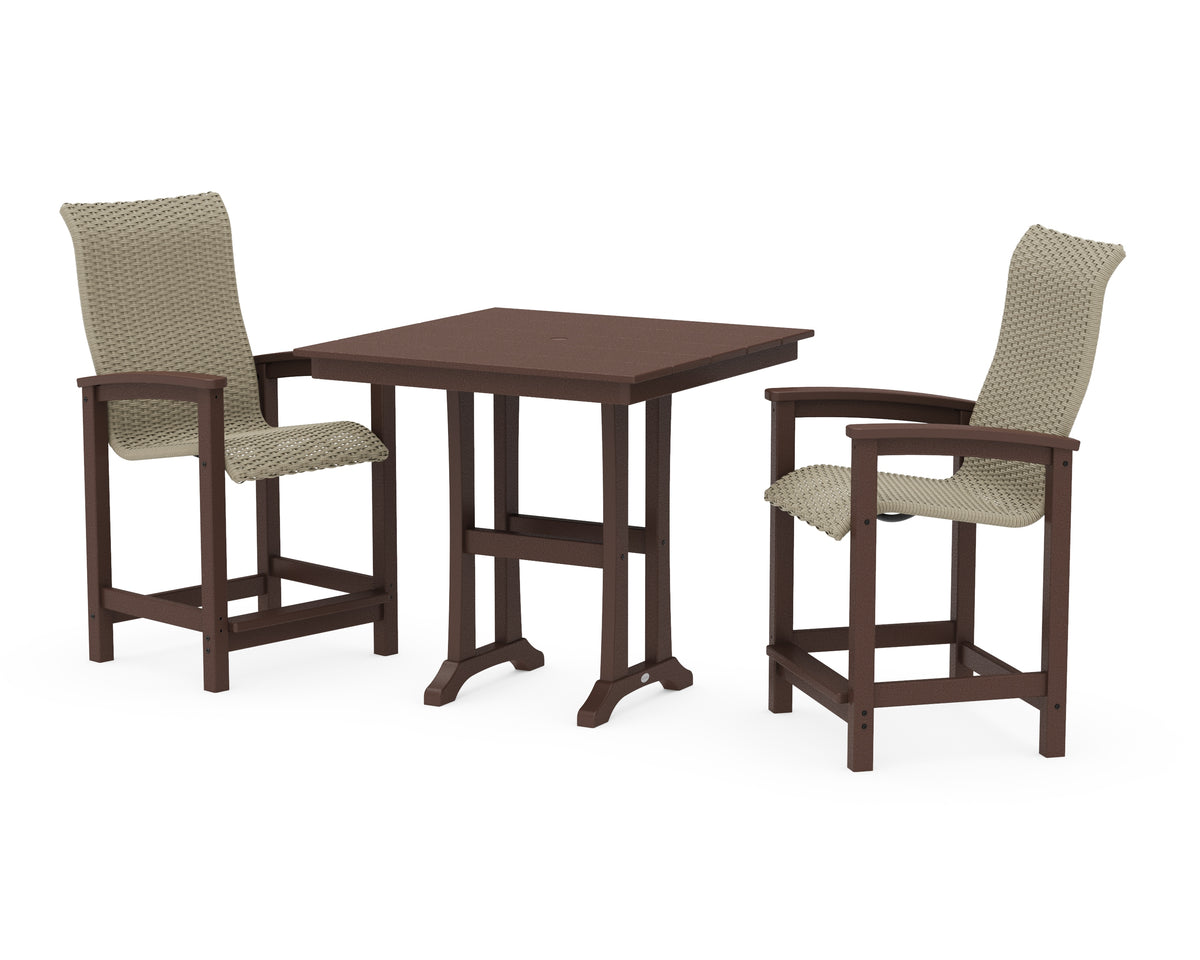 POLYWOOD Coastal Woven High-Back 3-Piece Farmhouse Counter Set with Trestle Legs in Mahogany / Dune Grass