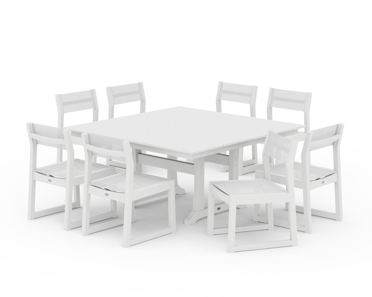 POLYWOOD EDGE Sling Side Chair 9-Piece Farmhouse Trestle Dining Set in White / White