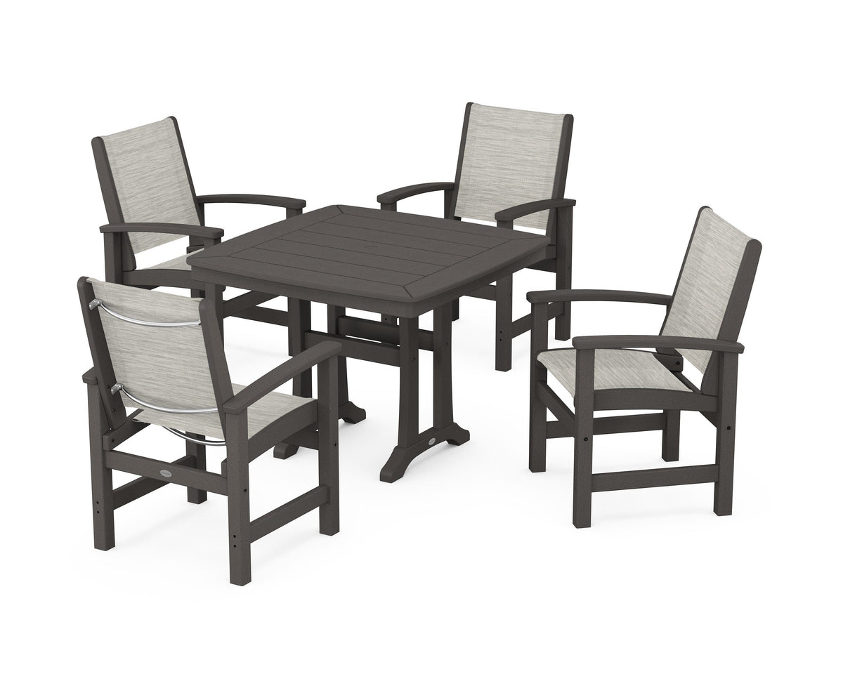 POLYWOOD Coastal 5-Piece Dining Set with Trestle Legs with Nautical Trestle 37" Dining Table in Vintage Coffee / Birch
