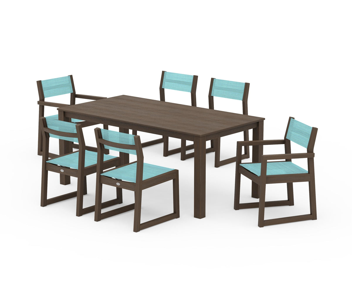 POLYWOOD EDGE Sling 7-Piece Parsons Dining Set in Kona / Dupioni Aquamarine