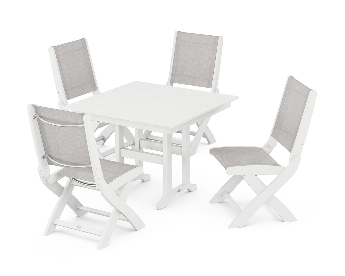 POLYWOOD Coastal Folding Side Chair 5-Piece Farmhouse Dining Set in White / Parchment
