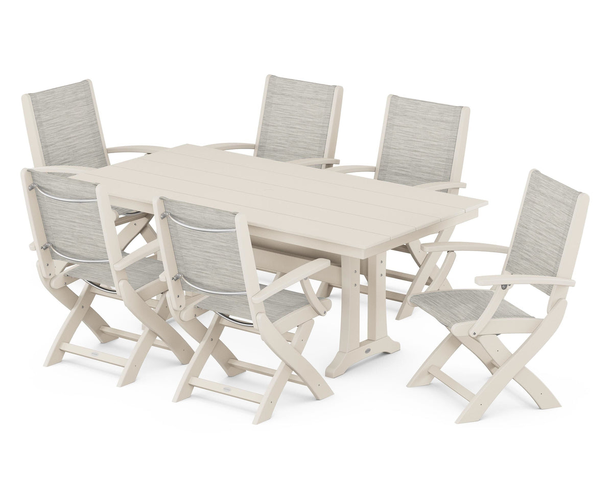 POLYWOOD Coastal Folding Arm Chair 7-Piece Farmhouse Dining Set with Trestle Legs in Sand / Birch