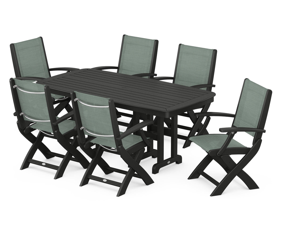 POLYWOOD Coastal Folding Arm Chair 7-Piece Dining Set in Black / Dupioni Sea Mist