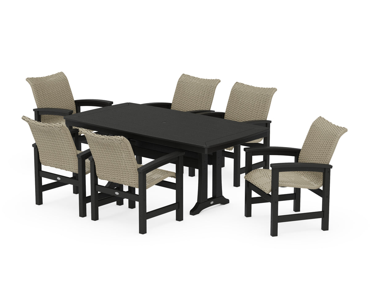 POLYWOOD Coastal Woven Arm Chair 7-Piece Dining Set with Trestle Legs in Black / Dune Grass
