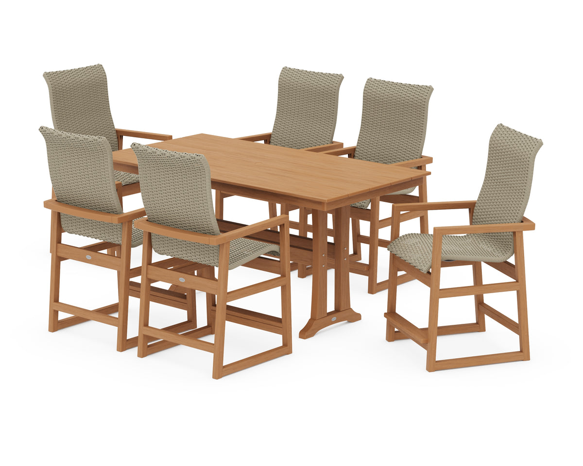 POLYWOOD EDGE Woven Highback Arm Chair 7-Piece Farmhouse Counter Set with Trestle Legs in Natural / Dune Grass