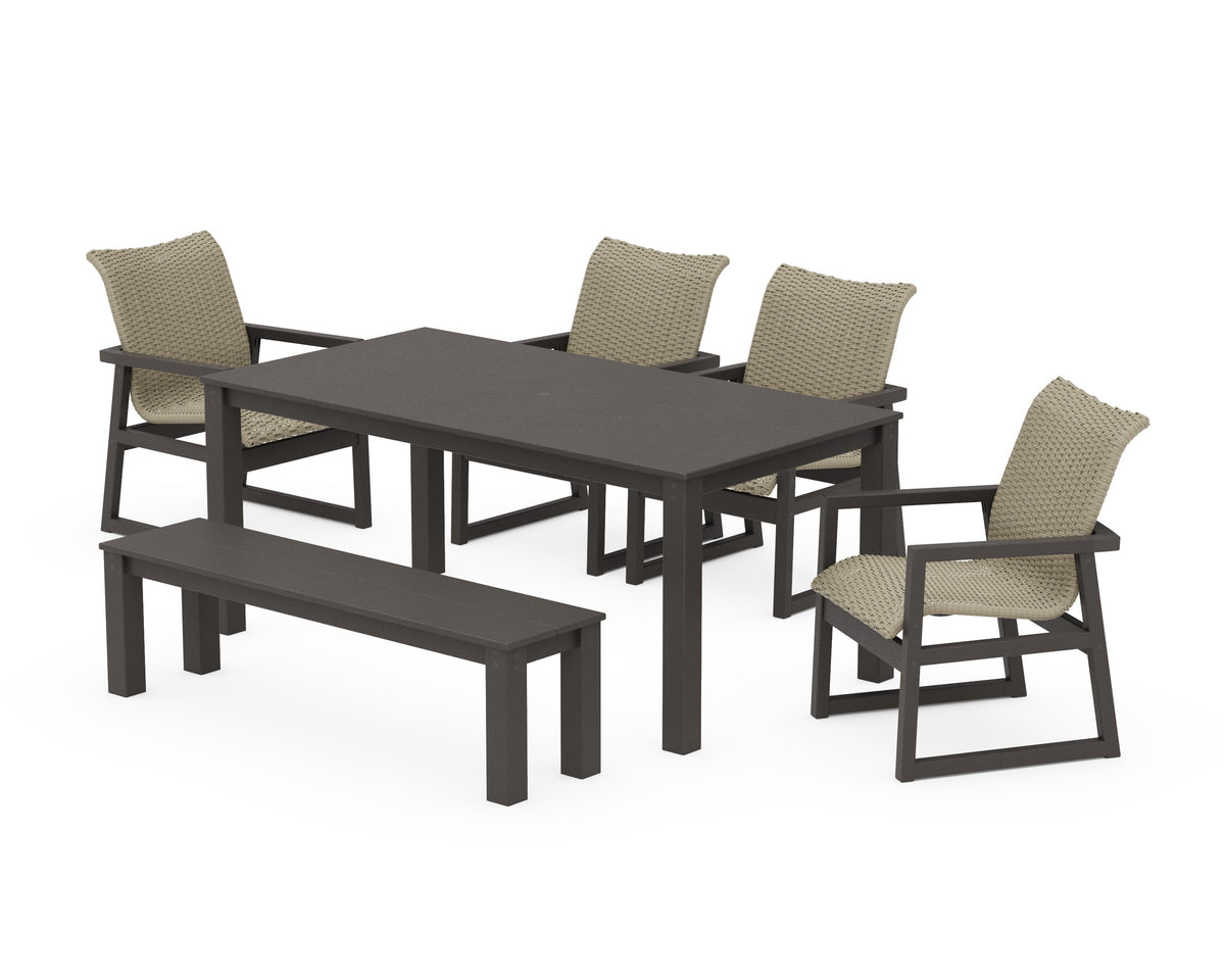 POLYWOOD EDGE Woven 6-Piece Parsons Dining Set with Bench in Vintage Coffee / Dune Grass