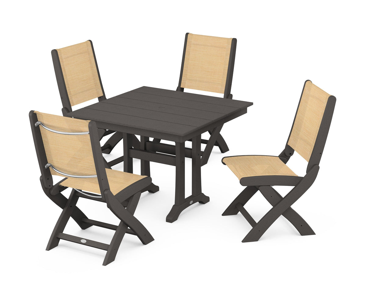 POLYWOOD Coastal Folding Side Chair 5-Piece Farmhouse Dining Set With Trestle Legs in Vintage Coffee / Dupioni Apricot