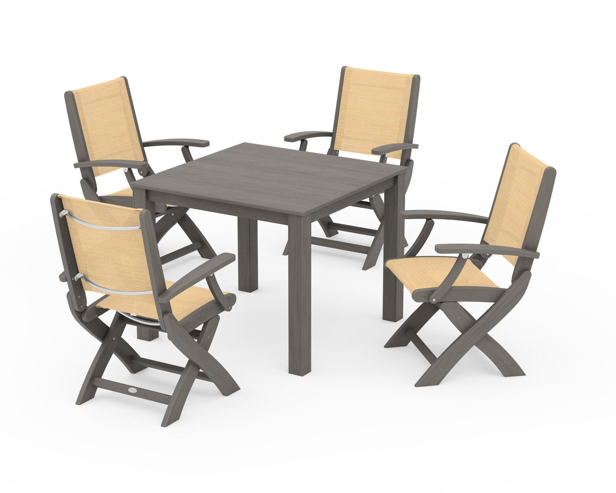 POLYWOOD Coastal Folding Chair 5-Piece Parsons Dining Set in Driftwood / Dupioni Apricot