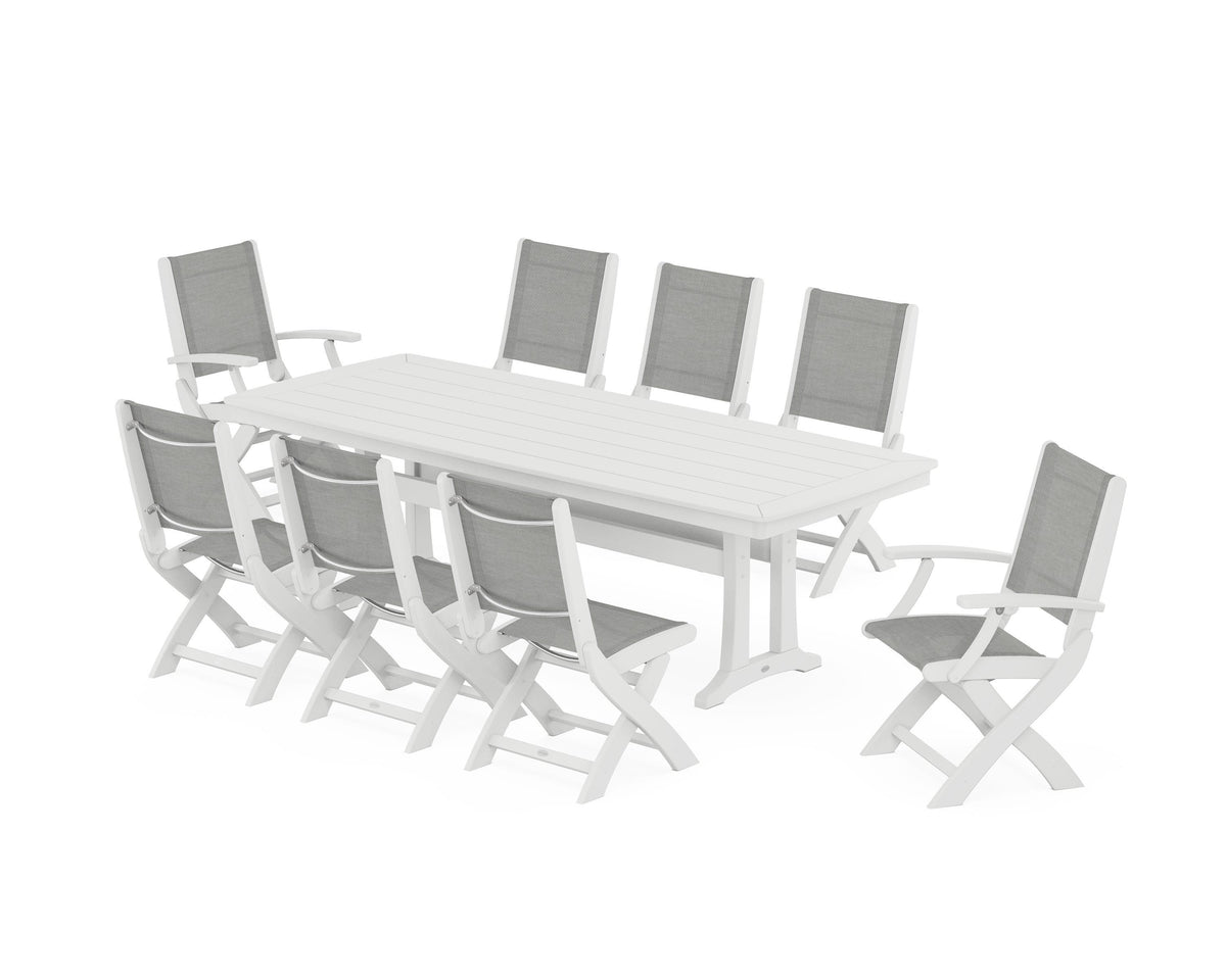 POLYWOOD Coastal Folding 9-Piece Dining Set with Trestle Legs in White / Metallic