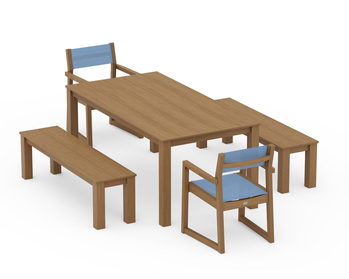 POLYWOOD EDGE Sling Arm Chair 5-Piece Parsons Dining Set with Benches in Natural / Poolside