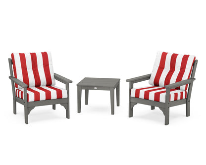 POLYWOOD Vineyard 3-Piece Deep Seating Set in Slate Grey / Cabana Stripe Crimson