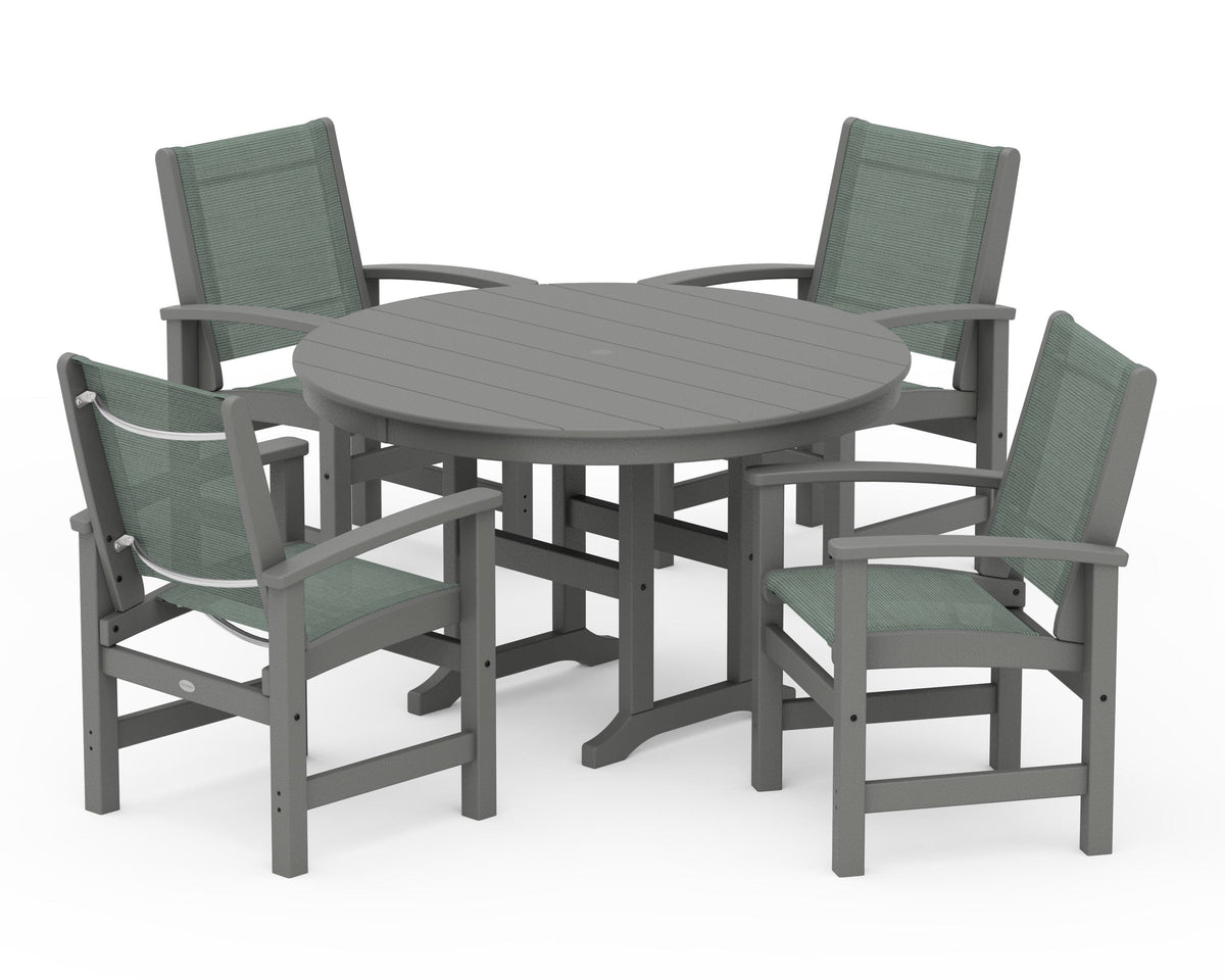POLYWOOD Coastal 5-Piece Round Farmhouse Dining Set in Slate Grey / Dupioni Sea Mist