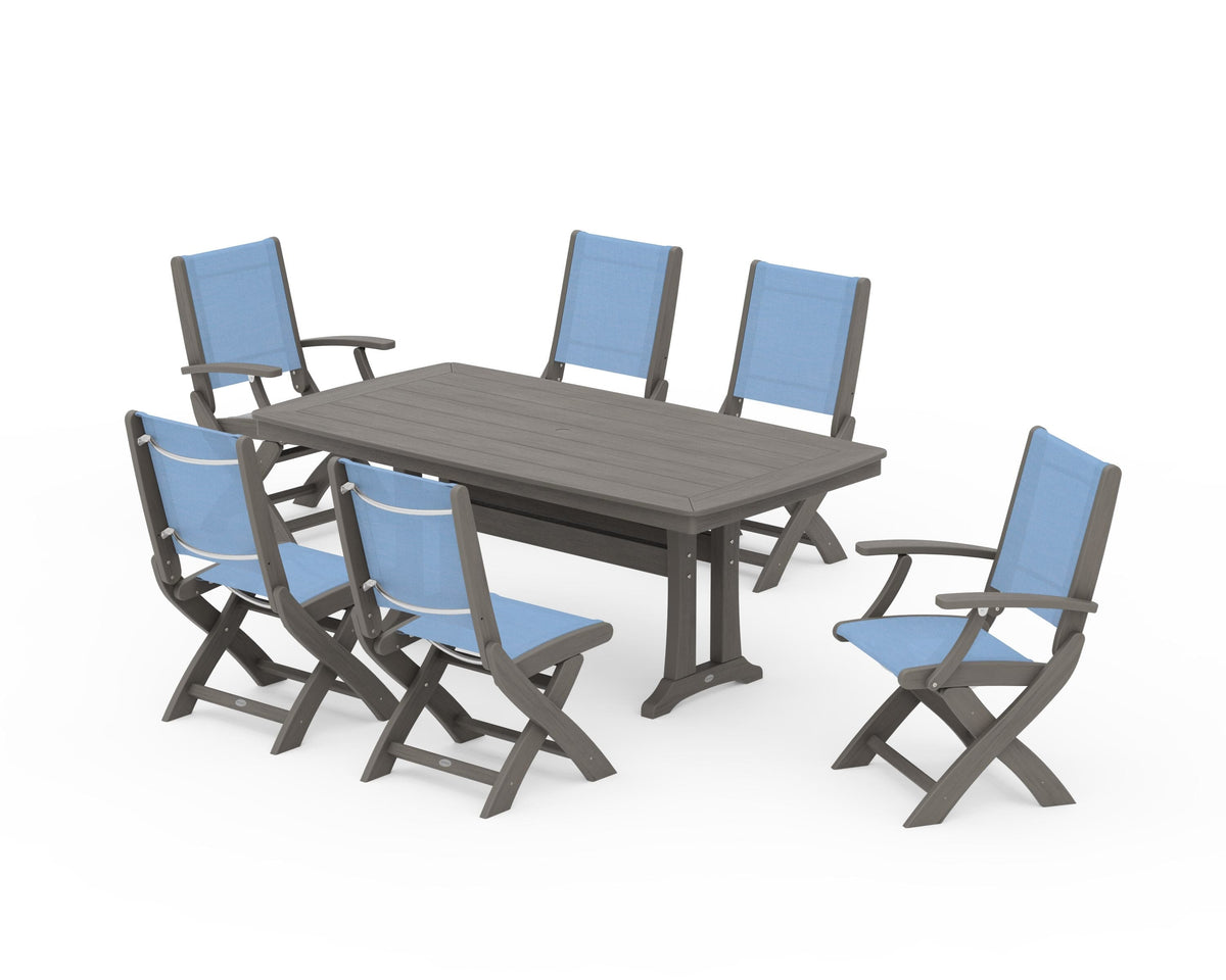 POLYWOOD Coastal Folding Chair 7-Piece Dining Set with Trestle Legs with Nautical Trestle 38" x 73" Dining Table in Driftwood / Poolside