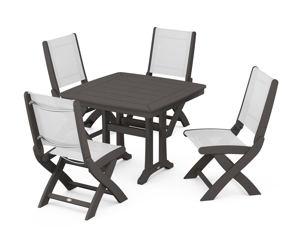 POLYWOOD Coastal Folding Side Chair 5-Piece Dining Set with Trestle Legs in Vintage Coffee / White