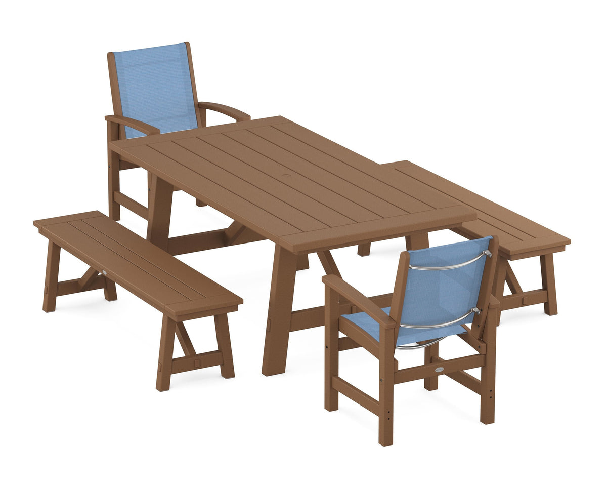 POLYWOOD Coastal 5-Piece Rustic Farmhouse Dining Set With Benches in Teak / Poolside
