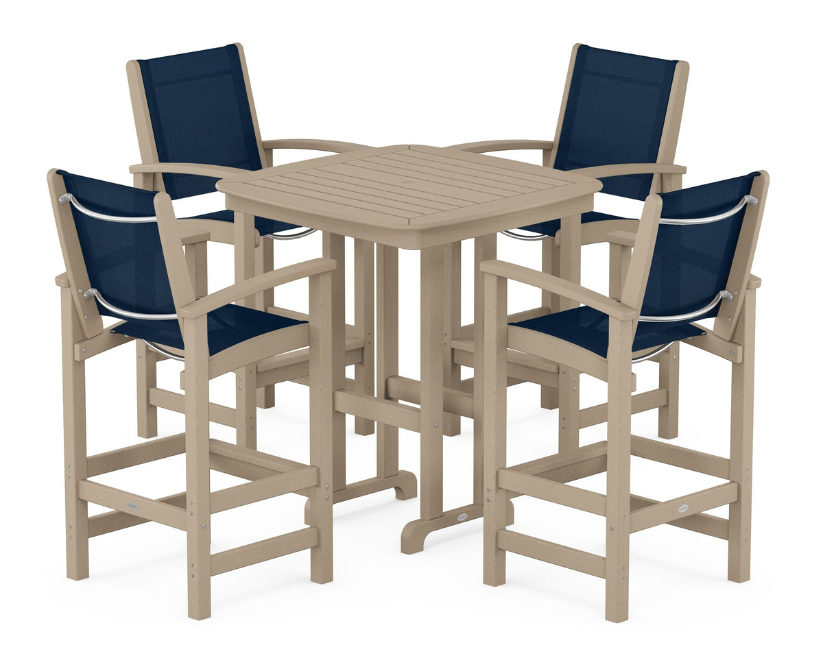POLYWOOD Coastal 5-Piece Bar Set in Vintage Sahara / Navy Blue