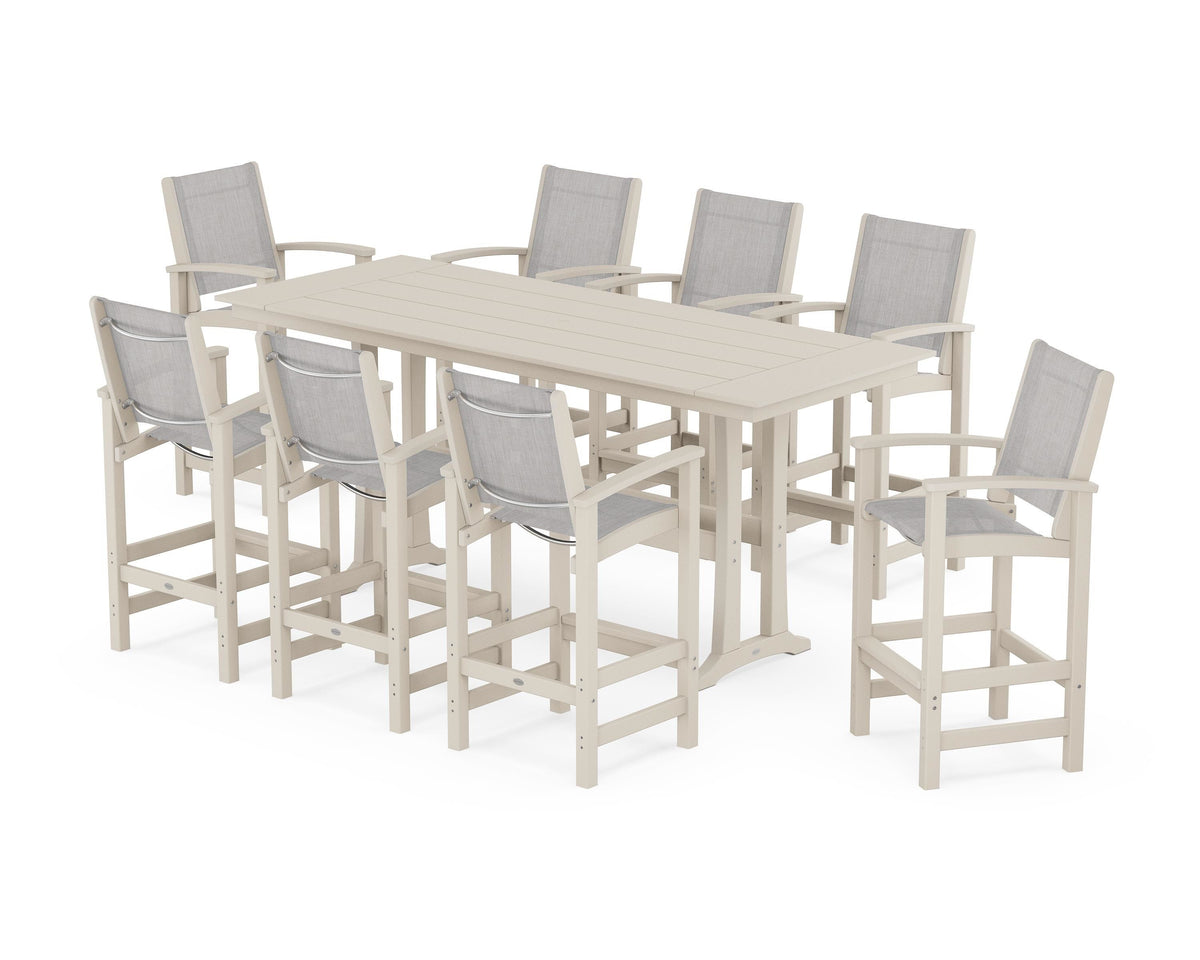 POLYWOOD Coastal 9-Piece Farmhouse Bar Set with Trestle Legs in Sand / Parchment