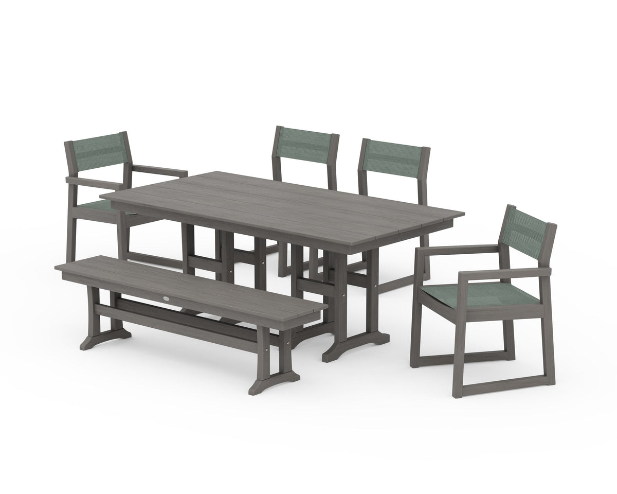 POLYWOOD EDGE Sling 6-Piece Farmhouse Dining Set in Driftwood / Dupioni Sea Mist
