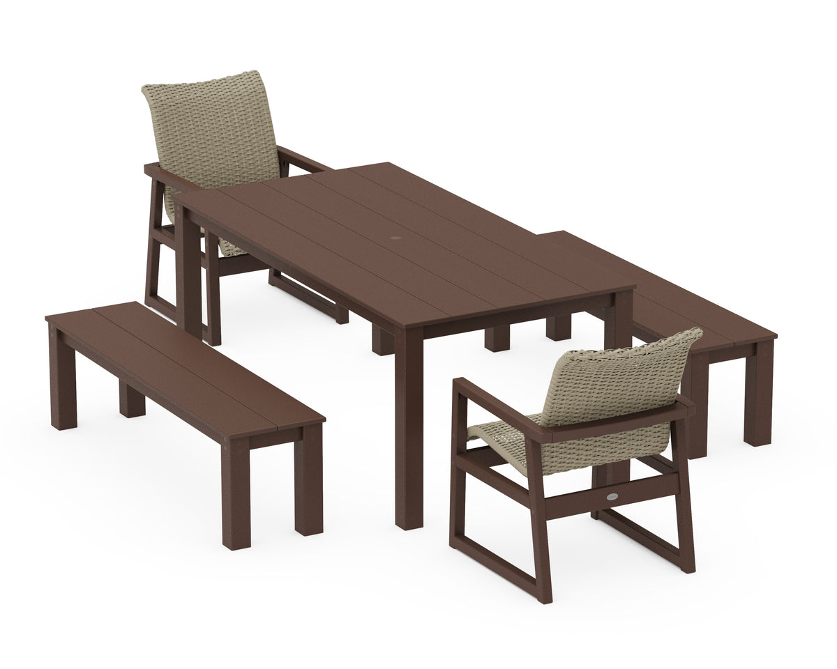 POLYWOOD EDGE Woven 5-Piece Parsons Dining Set with Benches in Mahogany / Dune Grass