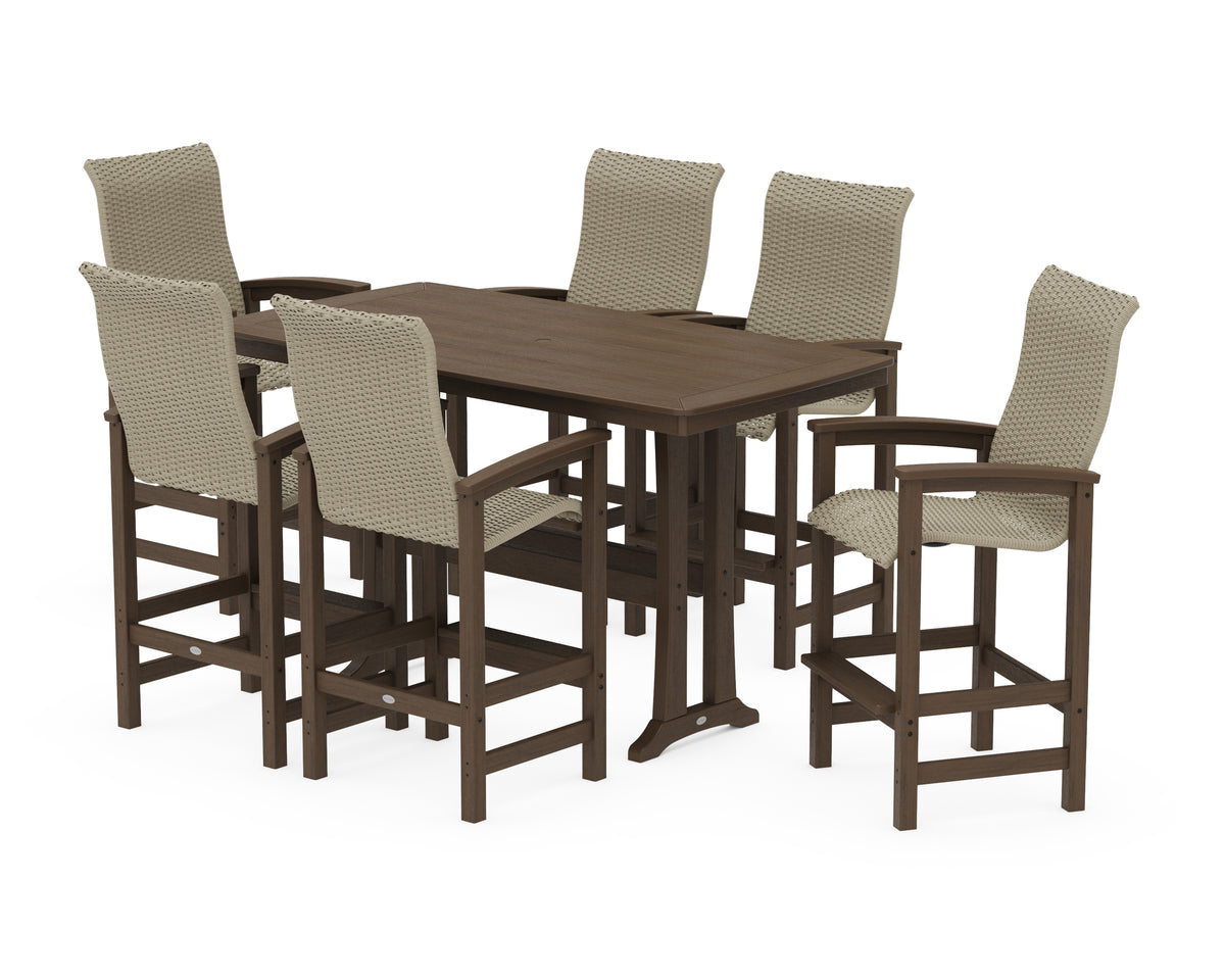 POLYWOOD Coastal Woven High-Back Arm Chair 7-Piece Bar Set with Trestle Legs in Kona / Dune Grass