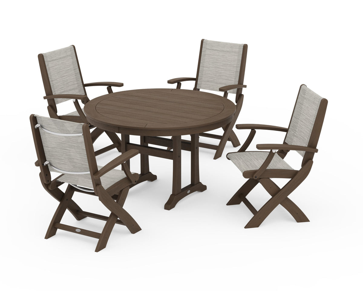 POLYWOOD Coastal Folding Chair 5-Piece Round Dining Set with Trestle Legs in Kona / Birch