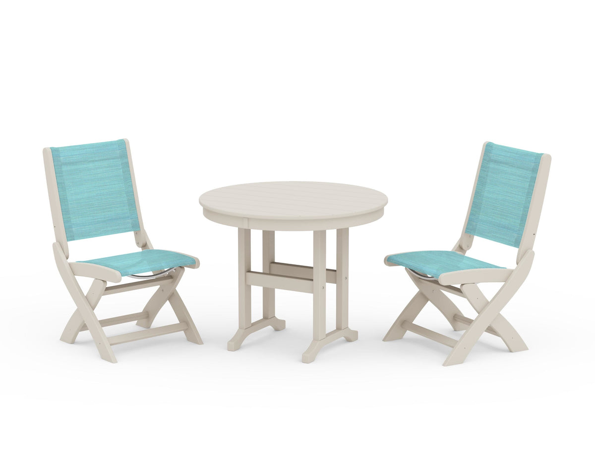 POLYWOOD Coastal Folding Side Chair 3-Piece Round Dining Set in Sand / Dupioni Aquamarine