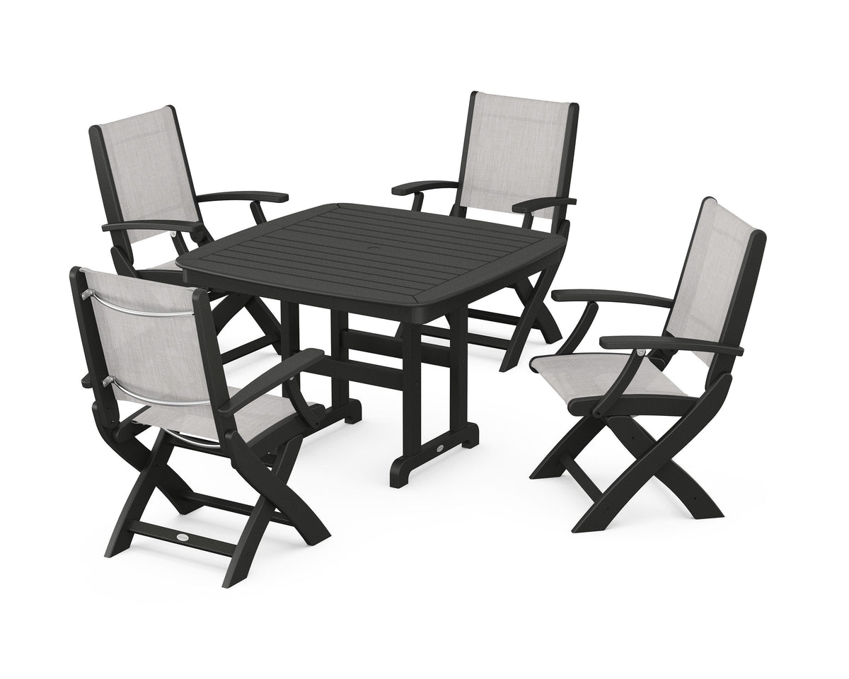 POLYWOOD Coastal Folding Chair 5-Piece Dining Set with Nautical 44" Dining Table in Black / Parchment