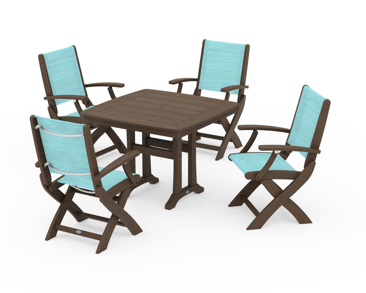 POLYWOOD Coastal Folding Chair 5-Piece Dining Set with Trestle Legs in Kona / Dupioni Aquamarine