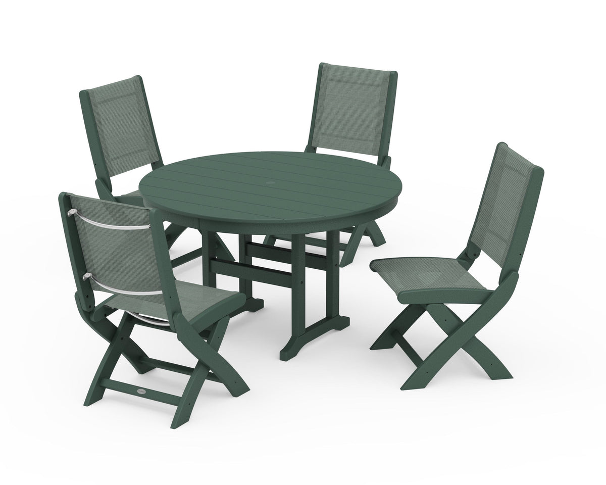 POLYWOOD Coastal Folding Side Chair 5-Piece Round Dining Set in Green / Dupioni Sea Mist