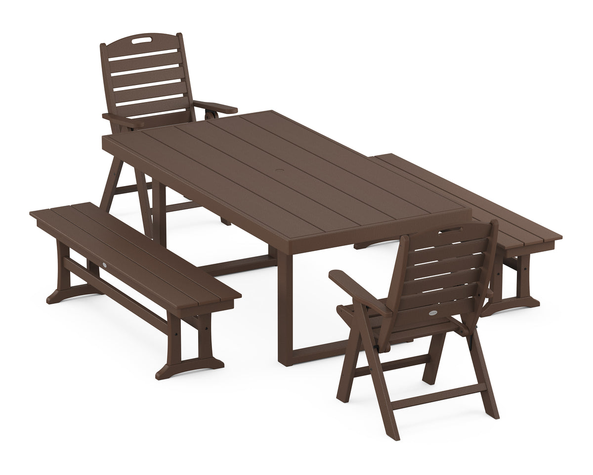 POLYWOOD Nautical Folding Highback 5-Piece Dining Set with Trestle Legs in Mahogany
