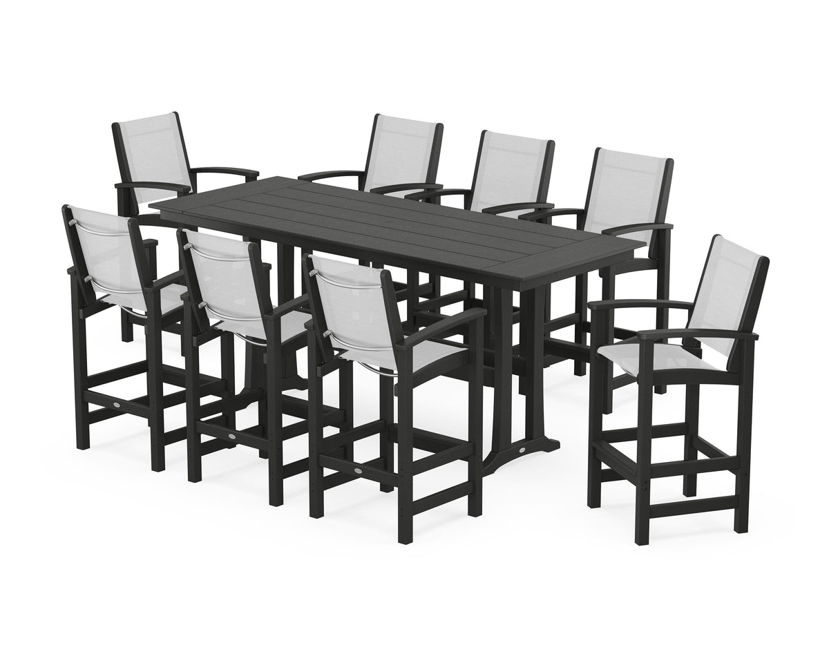 POLYWOOD Coastal 9-Piece Farmhouse Bar Set with Trestle Legs in Black / White