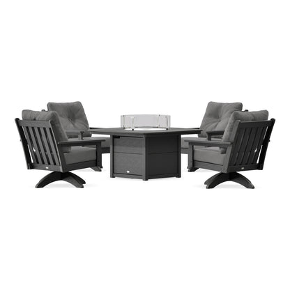 POLYWOOD Vineyard 5-Piece Deep Seating Swivel Conversation Set with Fire Pit Table in Black